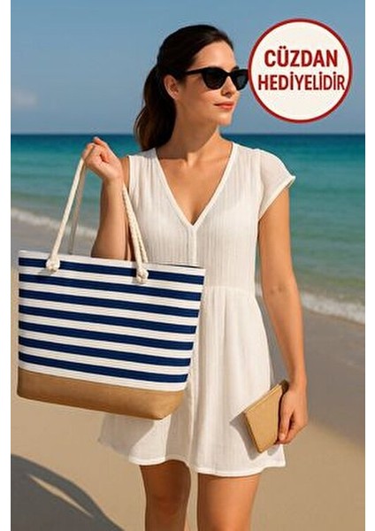 Kadın Plaj Hasır Çanta Jüt Kumaş Piknik Çantası El ve Omuz Çanta ( Cüzdan Hediyeli )