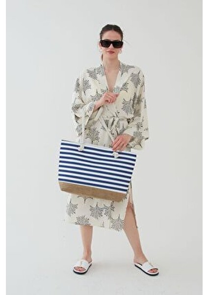 Kadın Plaj Hasır Çanta Jüt Kumaş Piknik Çantası El ve Omuz Çanta ( Cüzdan Hediyeli )