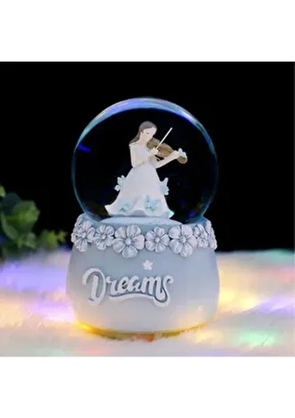 Mavi Keman -Pembe Flüt Çalan Sevimli Kız Kar Küresi Orta Boy