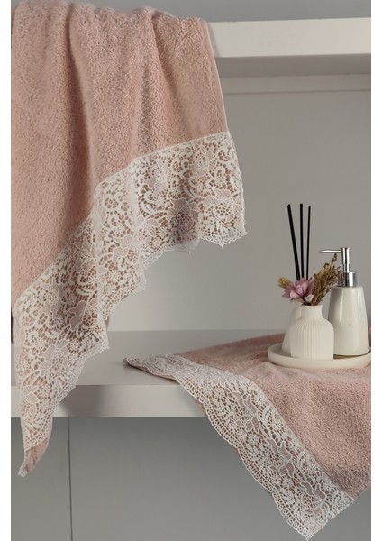 Gipür Dantelli Banyo Havlusu TAKIMI-%100 Pamuk Banyo Seti-Gelin Havlusu-Gül Kurusu