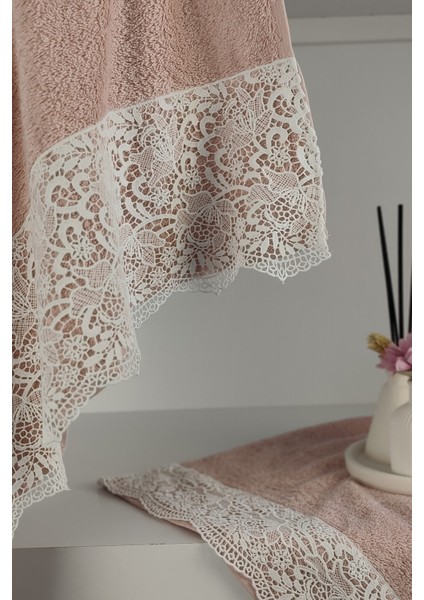 Gipür Dantelli Banyo Havlusu TAKIMI-%100 Pamuk Banyo Seti-Gelin Havlusu-Gül Kurusu fiyatları