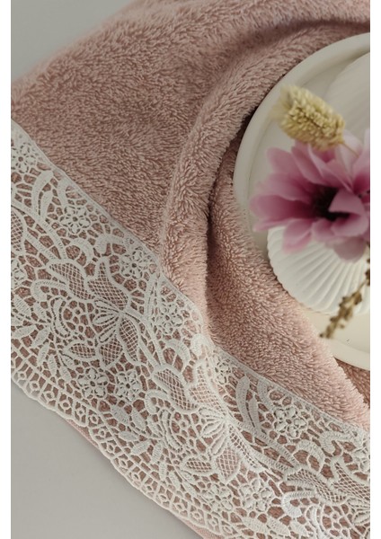 Gipür Dantelli Banyo Havlusu TAKIMI-%100 Pamuk Banyo Seti-Gelin Havlusu-Gül Kurusu modelleri