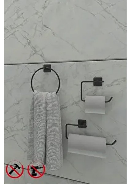 Jasmin Yapışkanlı Siyah Kare 3'lü Banyo Seti | Tuvalet Kağıtlığı, Solo Havluluk, Yuvarlak Havluluk