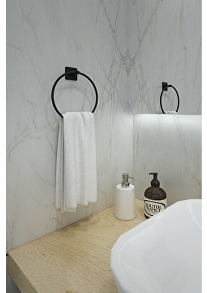 Jasmin Yapışkanlı Siyah Kare 3'lü Banyo Seti | Tuvalet Kağıtlığı, Solo Havluluk, Yuvarlak Havluluk