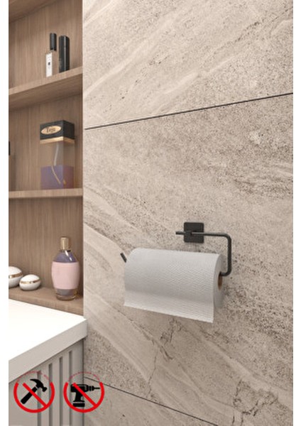 Jasmin Yapışkanlı Siyah Kare 3'lü Banyo Seti | Tuvalet Kağıtlığı, Solo Havluluk, Yuvarlak Havluluk