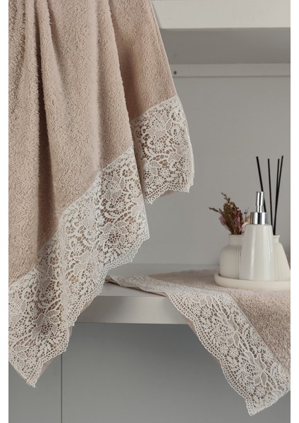 Gipür Dantelli Banyo Havlusu TAKIMI-%100 Pamuk Banyo Seti-Gelin Havlusu-Pudra