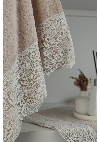 Gipür Dantelli Banyo Havlusu TAKIMI-%100 Pamuk Banyo Seti-Gelin Havlusu-Pudra fiyatları