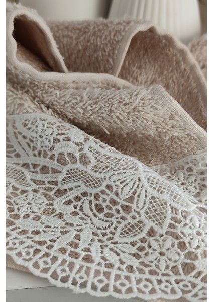 Gipür Dantelli Banyo Havlusu TAKIMI-%100 Pamuk Banyo Seti-Gelin Havlusu-Pudra fırsatları
