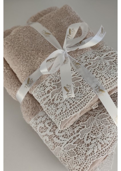 Gipür Dantelli Banyo Havlusu TAKIMI-%100 Pamuk Banyo Seti-Gelin Havlusu-Pudra indirimleri