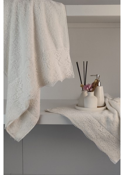 Gipür Dantelli Banyo Havlusu TAKIMI-%100 Pamuk Banyo Seti-Gelin Havlusu-Krem
