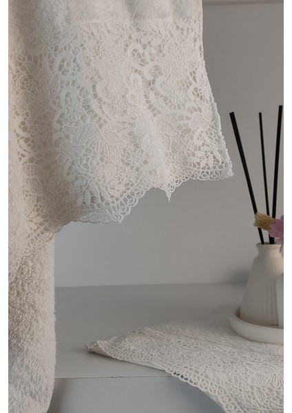 Gipür Dantelli Banyo Havlusu TAKIMI-%100 Pamuk Banyo Seti-Gelin Havlusu-Krem fiyatları