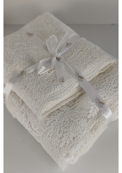 Gipür Dantelli Banyo Havlusu TAKIMI-%100 Pamuk Banyo Seti-Gelin Havlusu-Krem indirimleri