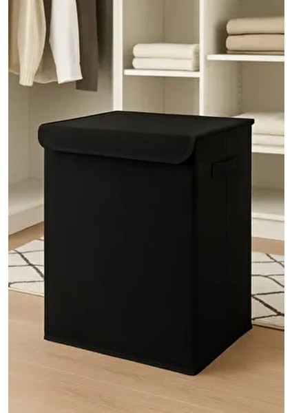Siyah Kapaklı Katlanır Kirli Çamaşır Çocuk Odası Oyuncak Saklama Kutusu Sepet 40X50X30