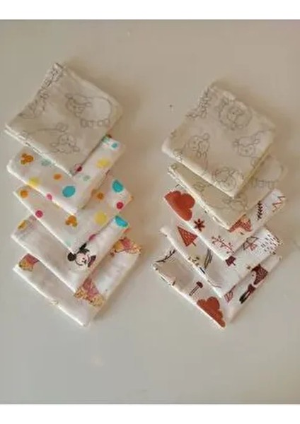 %100 Pamuk Müslin Desenli Bebek Ağız Silme Mendil 10 Adet