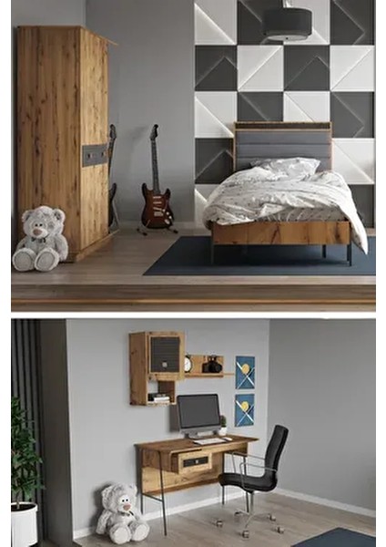 Arya Genç Çocuk Odası Takımı Karyola+Başlık&gardırop&çalışma Masası&duvar Rafı - Atlantik Çam