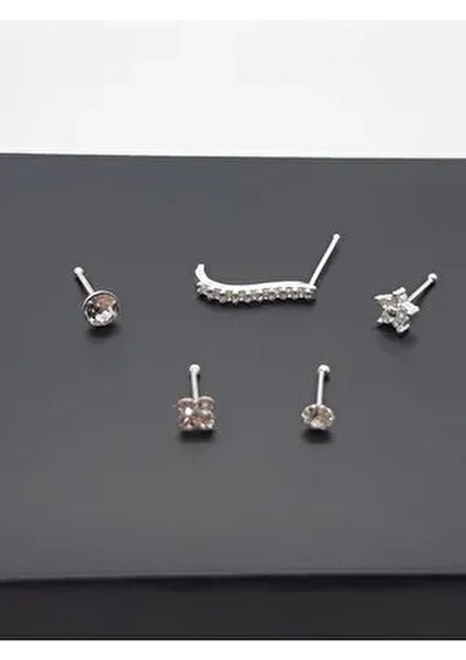 925 Ayar Gümüş 5 Adet Hızma (Zirkon Taşlı 3mm Yuvarlak,yıldız,yonca,2,5mm Yuvarlak,uzun)