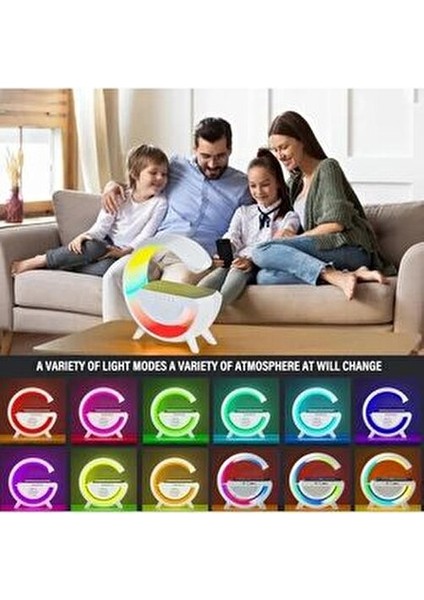 Kablosuz Şarj Özellikli Modern Saat Bluetooth Hoparlör Gece Masa Lambası Çok Fonksiyonlu Atmosferik