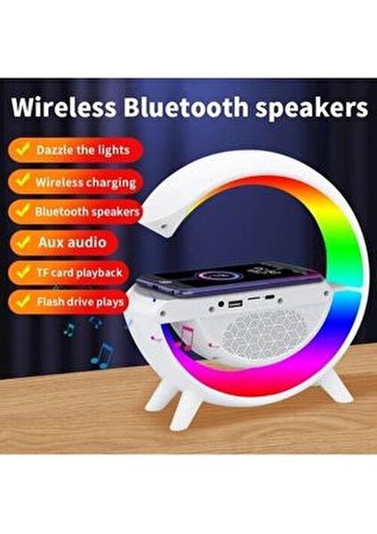 Kablosuz Şarj Özellikli Modern Saat Bluetooth Hoparlör Gece Masa Lambası Çok Fonksiyonlu Atmosferik