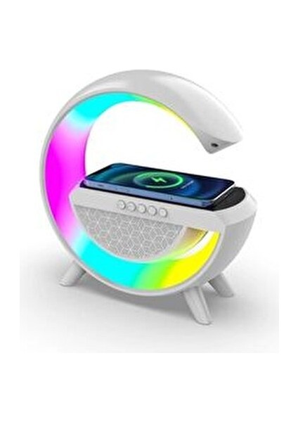 Kablosuz Şarj Özellikli Modern Saat Bluetooth Hoparlör Gece Masa Lambası Çok Fonksiyonlu Atmosferik