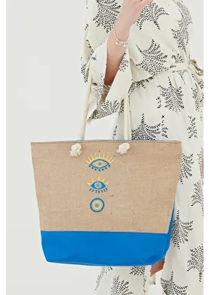 Rosso Collinakadın Plaj Çantası Çok Renkli Fermuarlı Jüt Kumaş Yeni Sezon Nakışlı Model