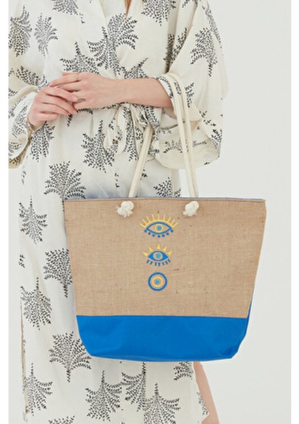 Rosso Collinakadın Plaj Çantası Çok Renkli Fermuarlı Jüt Kumaş Yeni Sezon Nakışlı Model modelleri