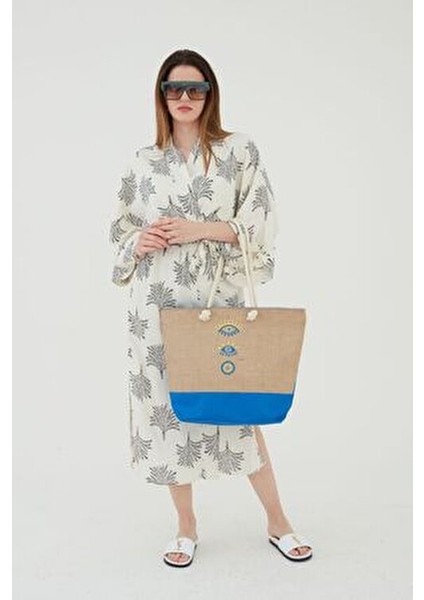 Rosso Collinakadın Plaj Çantası Çok Renkli Fermuarlı Jüt Kumaş Yeni Sezon Nakışlı Model