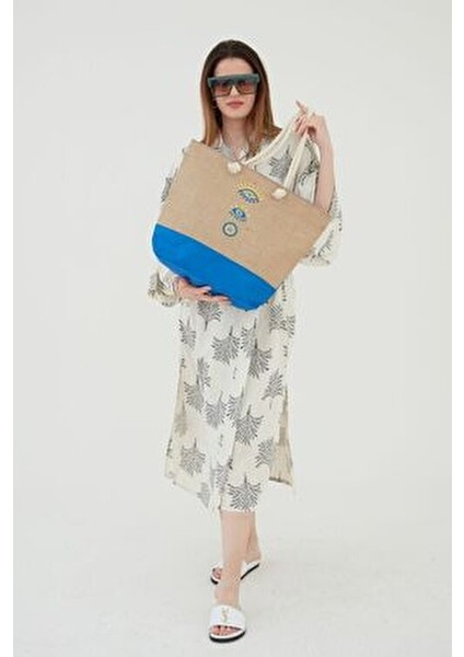 Rosso Collinakadın Plaj Çantası Çok Renkli Fermuarlı Jüt Kumaş Yeni Sezon Nakışlı Model