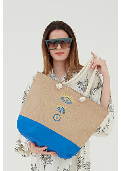 Rosso Collinakadın Plaj Çantası Çok Renkli Fermuarlı Jüt Kumaş Yeni Sezon Nakışlı Model
