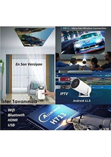 HY300 Beyaz Ultrahd Projeksiyon Android 12 200 Lümen Işık Gücü Wifi Bluetooth Ekran Yansıtma fiyatları