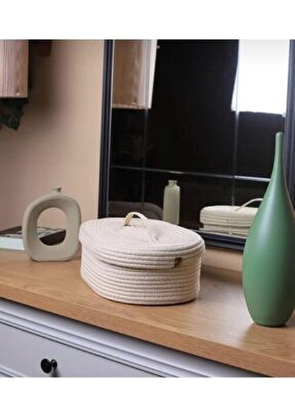 Jüt Hasır Sepet Oval Kapaklı Organizer 30x20 Bej Renkli Ev Düzeni için Fonksiyonel Çözüm
