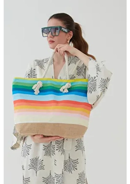 Kadın Kumaş Yumuşak Saplı Plaj Çantası Çok Renkli