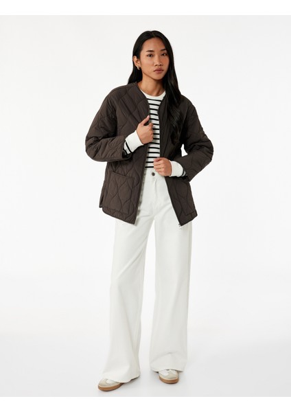 Uzun Kollu Cepli Bisiklet Yaka Fermuarlı Oversize Kapitone Ceket