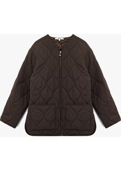 Uzun Kollu Cepli Bisiklet Yaka Fermuarlı Oversize Kapitone Ceket modelleri