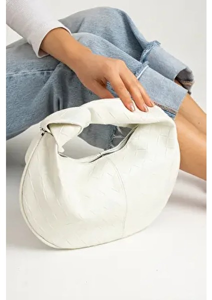 Kadin Mini Baget Dügüm Detaylı Fermuarlı El Çanta Örgü Desenli