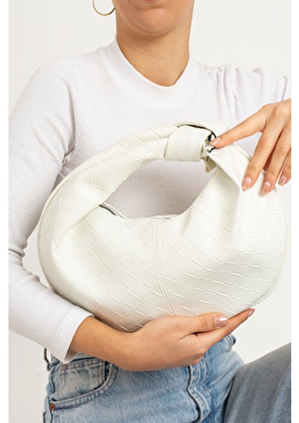 Kadin Mini Baget Dügüm Detaylı Fermuarlı El Çanta Örgü Desenli fiyatları