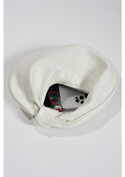 Kadin Mini Baget Dügüm Detaylı Fermuarlı El Çanta Örgü Desenli