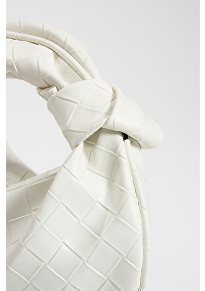 Kadin Mini Baget Dügüm Detaylı Fermuarlı El Çanta Örgü Desenli