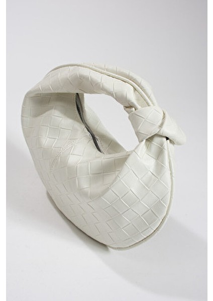 Kadin Mini Baget Dügüm Detaylı Fermuarlı El Çanta Örgü Desenli