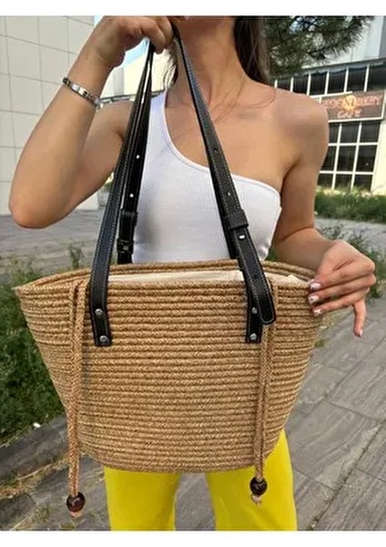 Aura Kadın Jüt Hasır Omuz Çanta Deri Saplı Doğal Malzeme Basic Koleksiyon