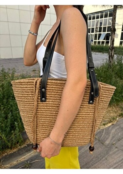 Aura Kadın Jüt Hasır Omuz Çanta Deri Saplı Doğal Malzeme Basic Koleksiyon