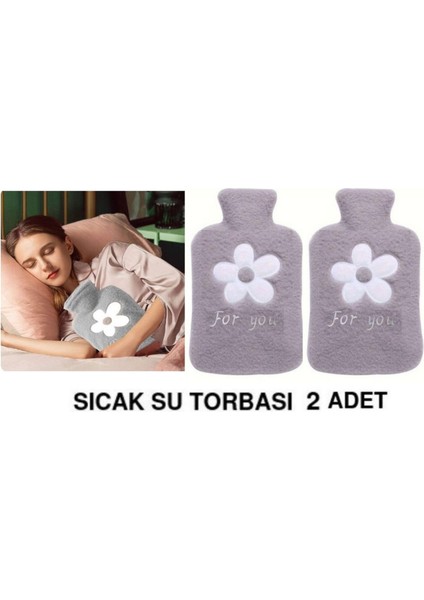 2 Adet Sıcak Su Torbası Peluş Papatya Desenli Gri 21X13,5X2CM 500 ml