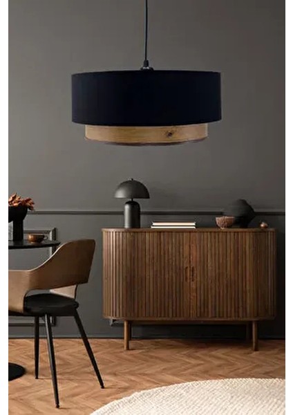 Siyah Ahşap Desenli Avize Kumaş Malzeme ile Modern Tasarımda Şık Aydınlatma