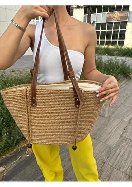 Aura Kadın Jüt Hasır Çanta Ergonomik Deri Saplarla Şık ve Fonksiyonel Tasarım