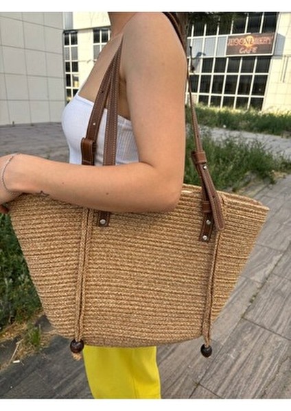 Aura Kadın Jüt Hasır Çanta Ergonomik Deri Saplarla Şık ve Fonksiyonel Tasarım