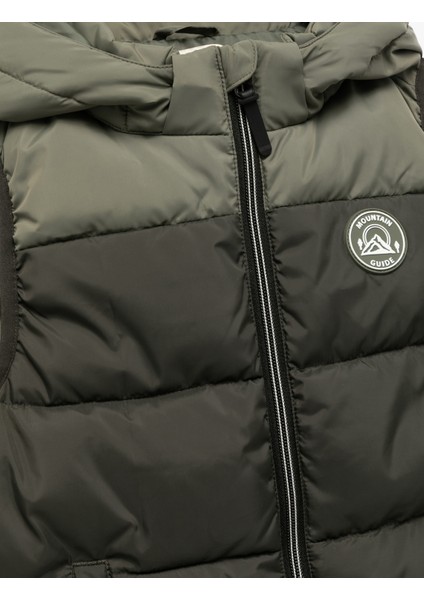 Renk Bloklu Cepli Etiket Detaylı Fermuarlı Kapşonlu Kolsuz Şişme Yelek modelleri