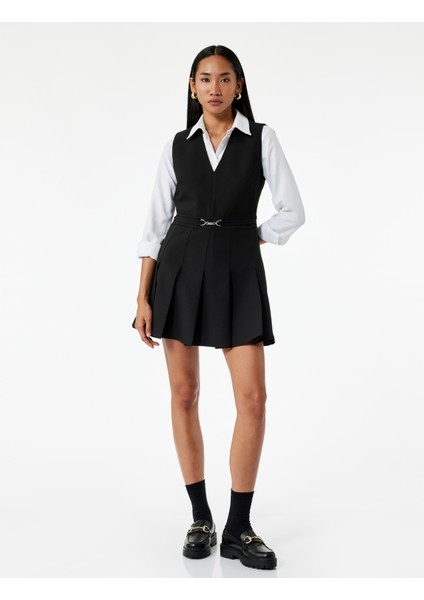 V Yaka Kolsuz A Kesim Mini Pileli Jile Elbise fiyatları