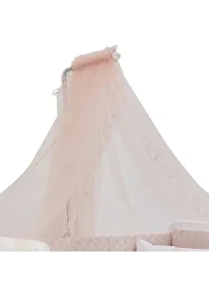 Güpür Dantelli Beşik Cibinliği ve Metal Cibinlik Askısı Pudra Pembe