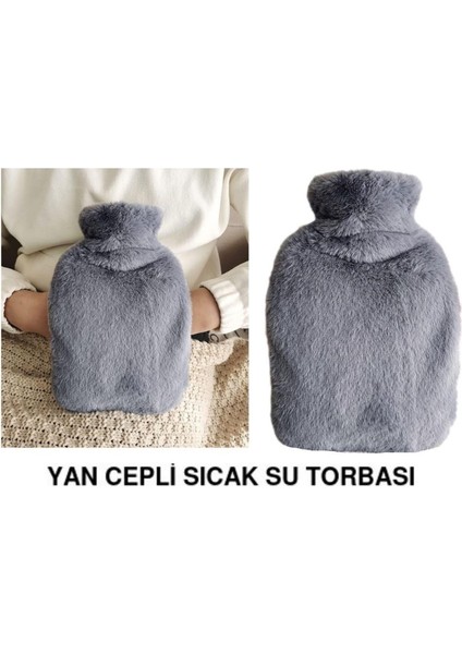 Sıcak Su Torbası Yan Cepli Gri Peluş Termofor 27X17X2CM 1 Litre