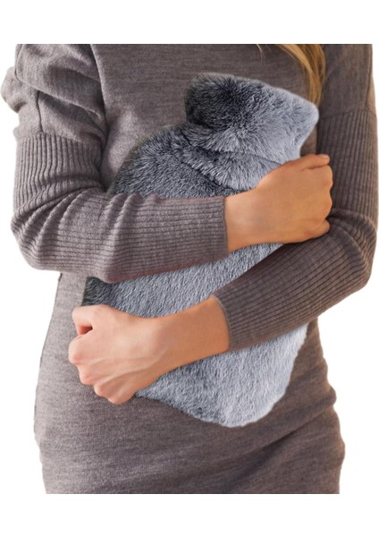 Sıcak Su Torbası Yan Cepli Gri Peluş Termofor 27X17X2CM 1 Litre