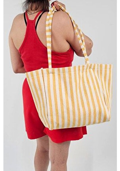 Sarı Çizgili Desen Dokuma Plaj Çantası